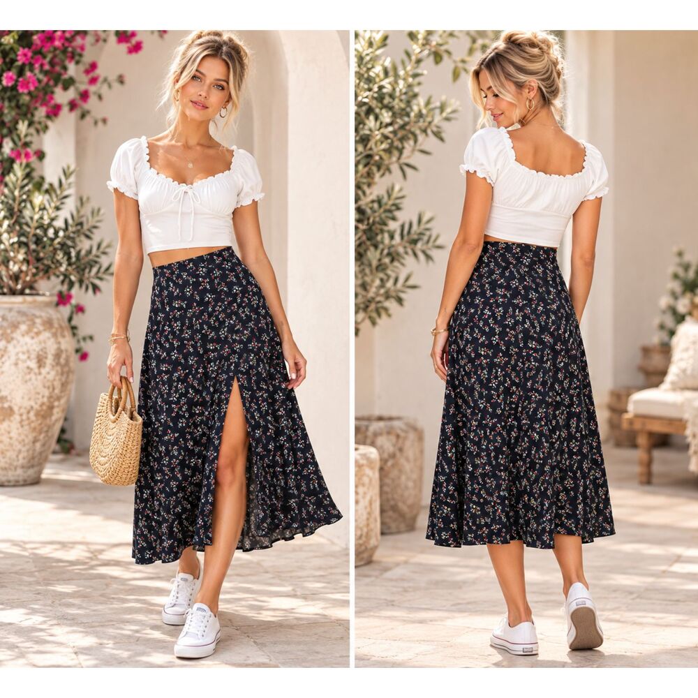 Lulus Bliss Me Midi Skirt Navy Blue Floral Print Size XL NWT